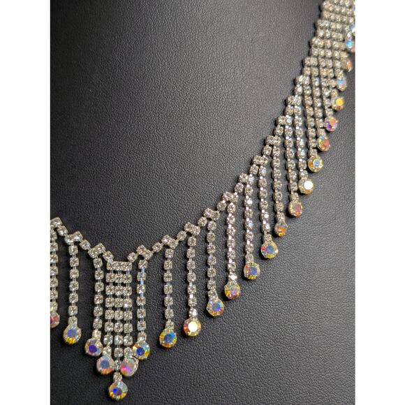 Rhinestone AB Crystal Fringe Dangle Silver Tone 17"-18" Necklace - Picture 6 of 10